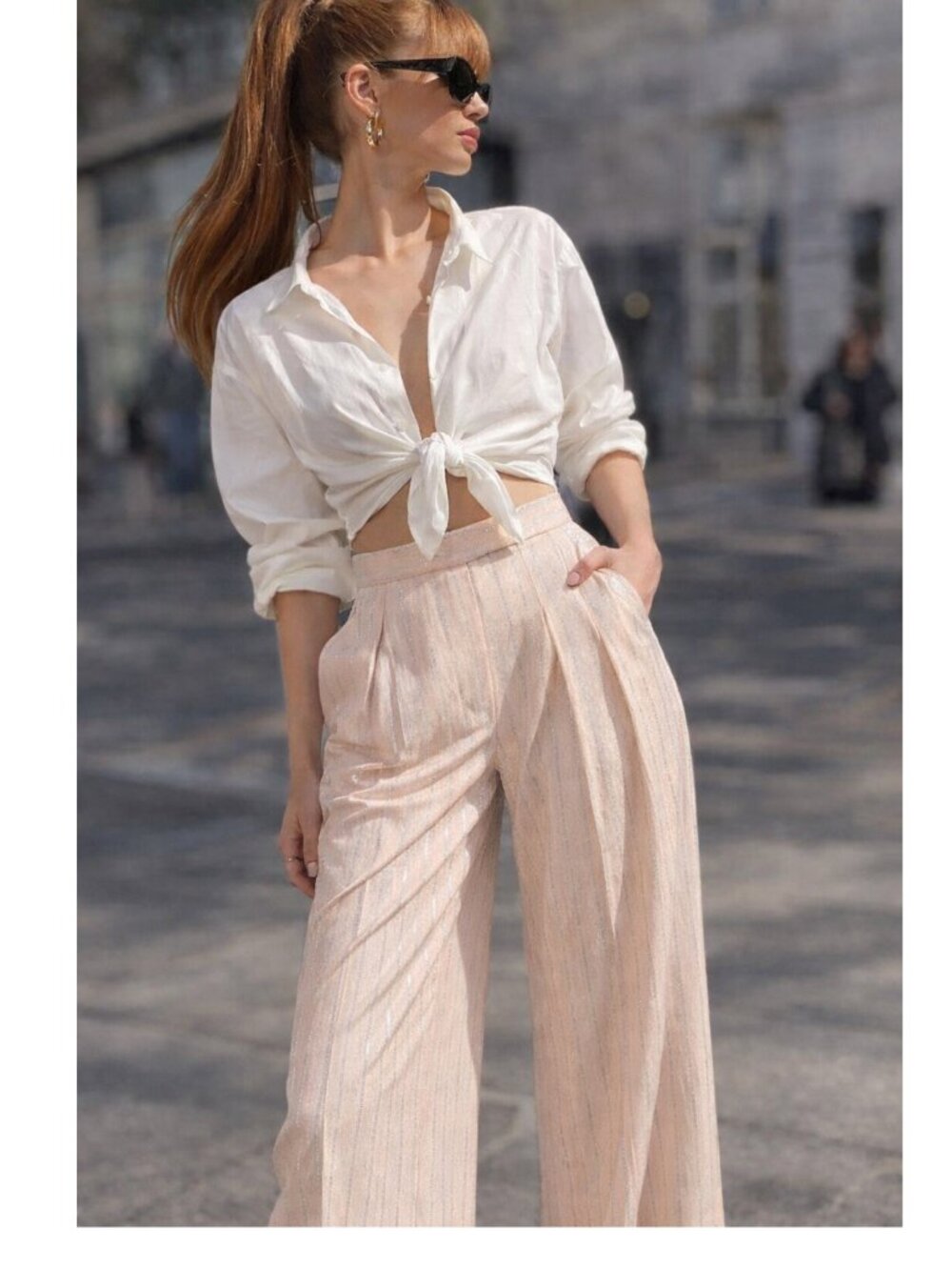 Alex Perry Suiting Peach Pinstriped Pleated Wide Leg Trousers
